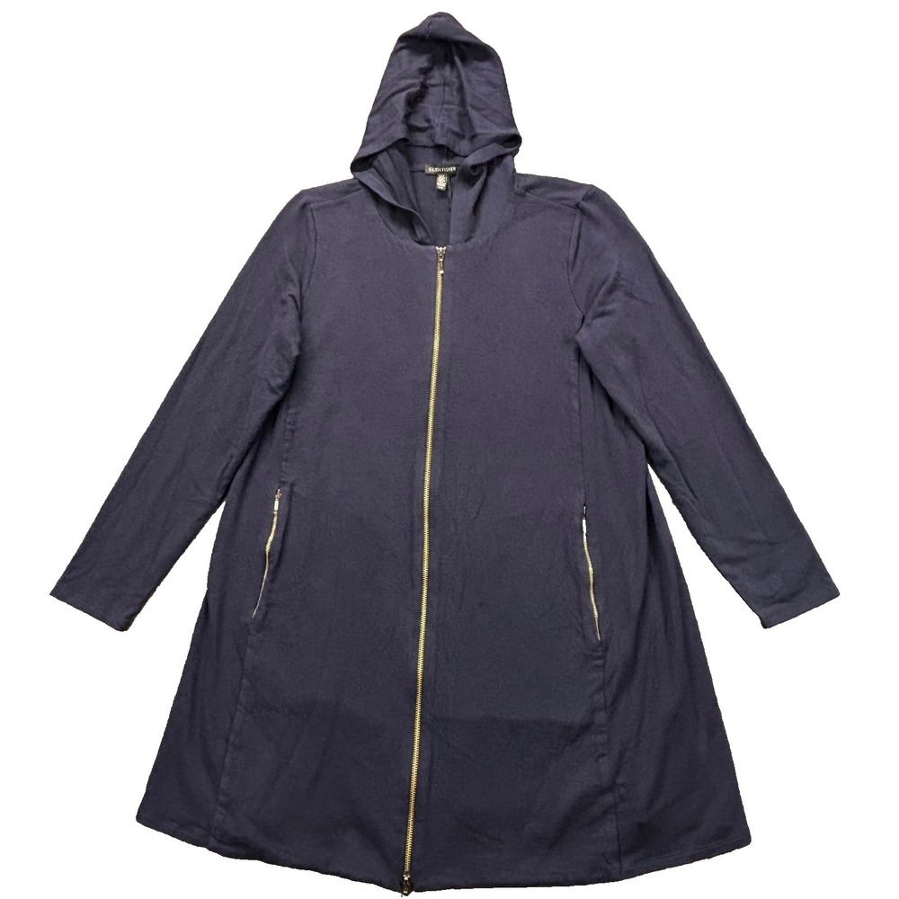 Eileen Fisher Coat Womens L Hooded Long Zip Front Tencel Lyocell Stretch Navy